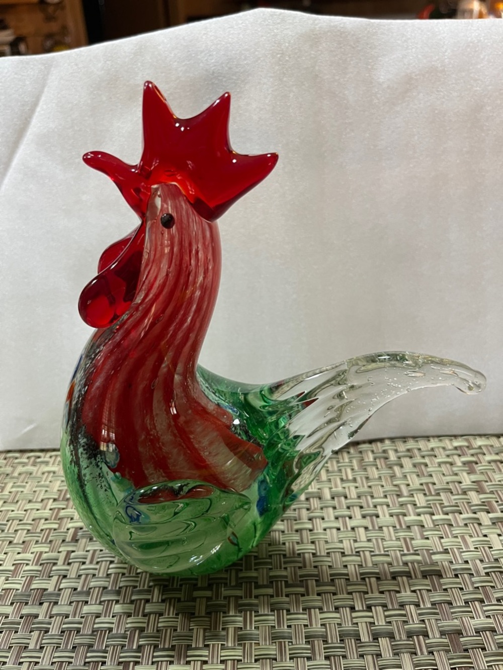Handblown Glass Rooster Sculpture - Red and Green